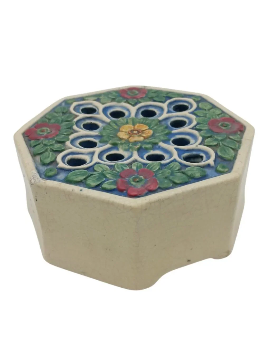 Weller Florala Style Octagon Flower Frog Vase Floral Pottery 5 In
